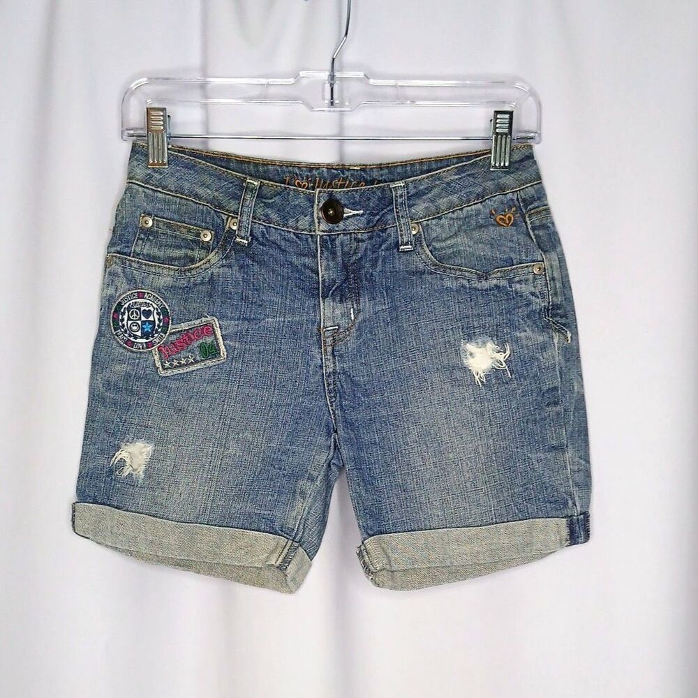 Justice Jeans Distrssed Denim Shorts Patches Cuffed Mid Rise Youth Kids Girls 14